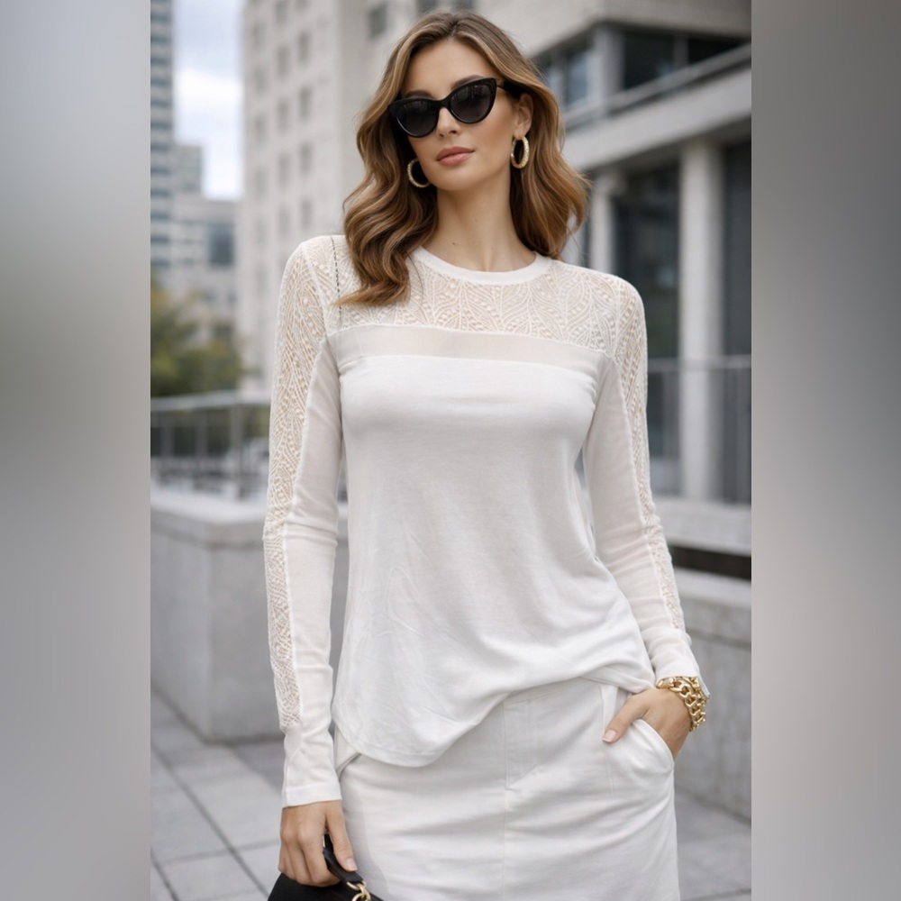 NWT BCBGMaxAzria “Lexi” White Lace Detail Long Sleeve Top – Size XXS